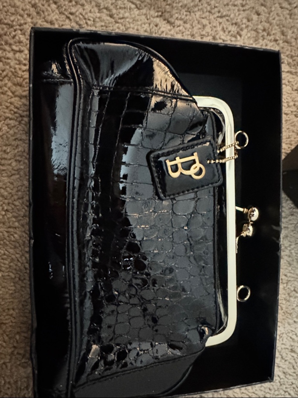 Black Patent Croc Frame Clutch with Gold Accent - Unbranded